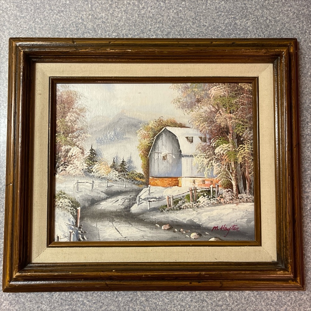 Vintage Winter Barn Landscape Painting, 12x14